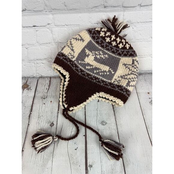Unbrended 100% alpaca wool knit fleece lined brown grey ivory hat Bolivia - Picture 1 of 9